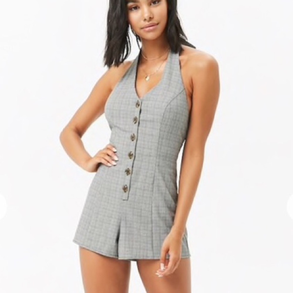 Forever21 Gray Plaid Halter Button Up Romper